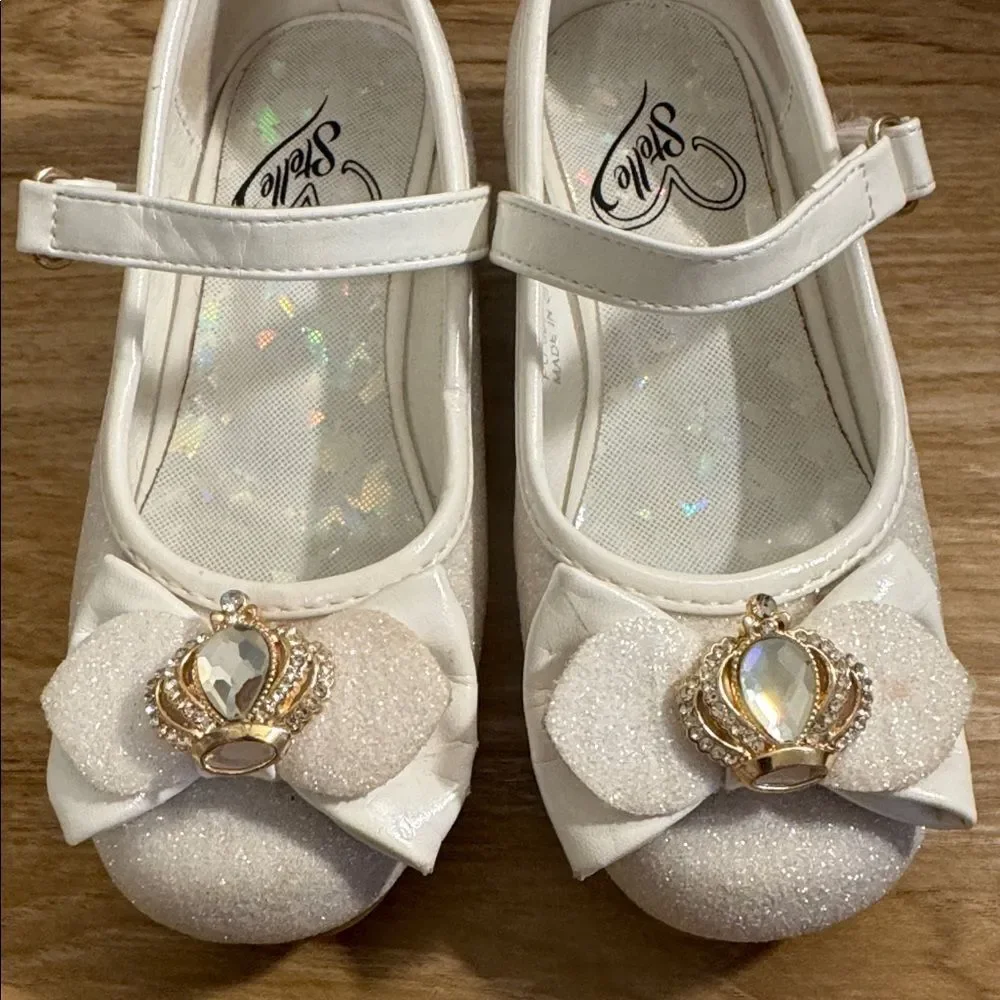 Stelle Flower Girl White Glittery Princess Crown Mary Jane Dress Shoes Size 10